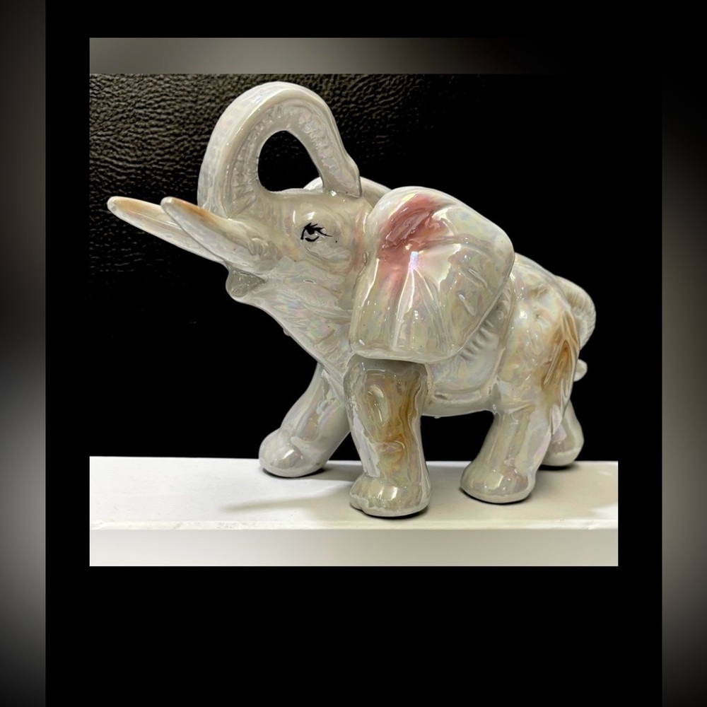 Vintage Iridescent Ceramic Elephant with Raised Trunk & Tusks 6.75”L x 4.5”H